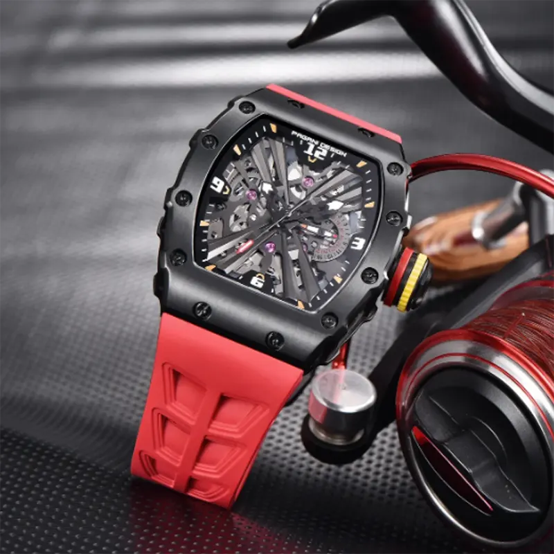 Pagani Design Black Skeleton Dial Red Strap Men's Watch-  PD-1738